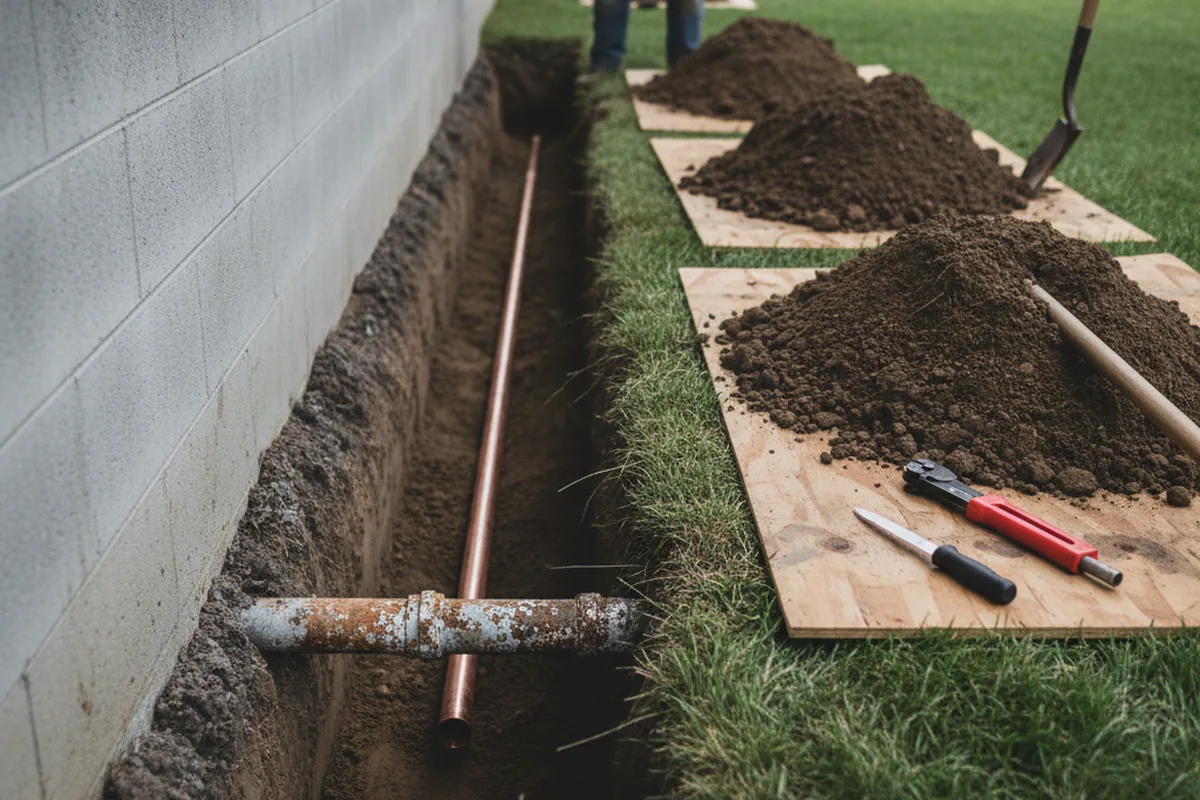 Excavated water line trench during Sewer Line Repair in Poneto